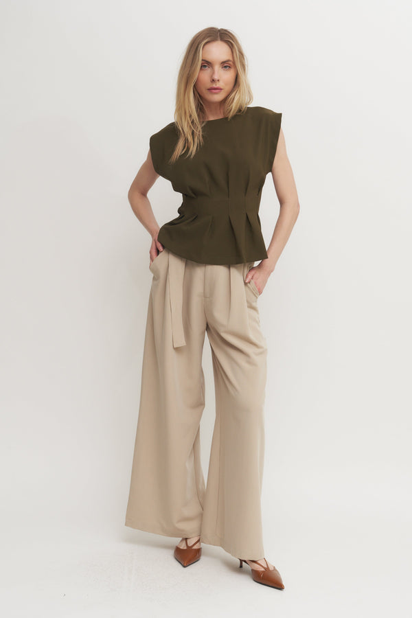 Structured Pleated Cap Sleeve Top Verdot