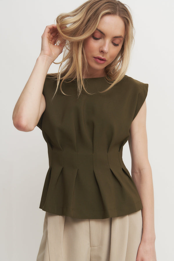 Structured Pleated Cap Sleeve Top Verdot