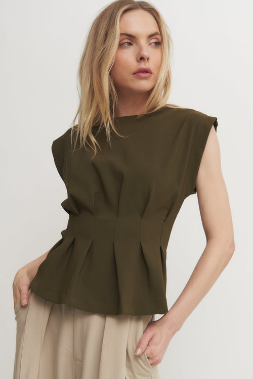 Structured Pleated Cap Sleeve Top Verdot