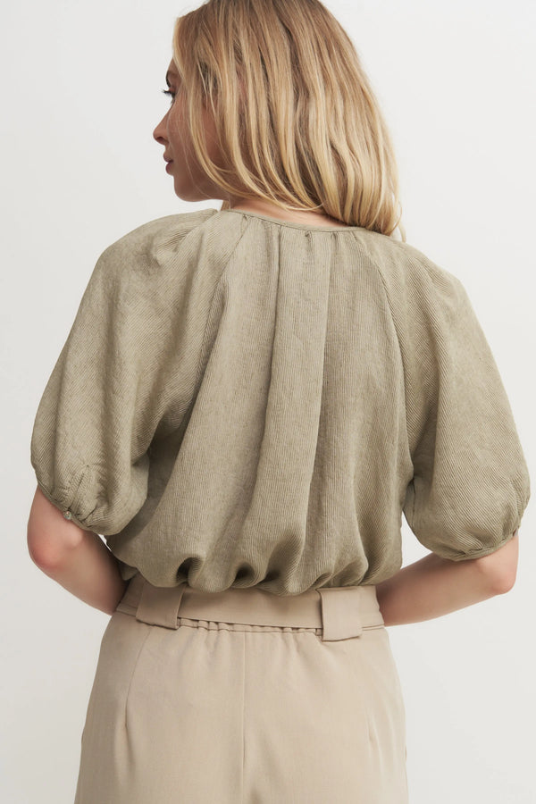 The Louise Top - Soft Olive Puff Raglan Sleeve Blouse with Button Front Detail Verdot