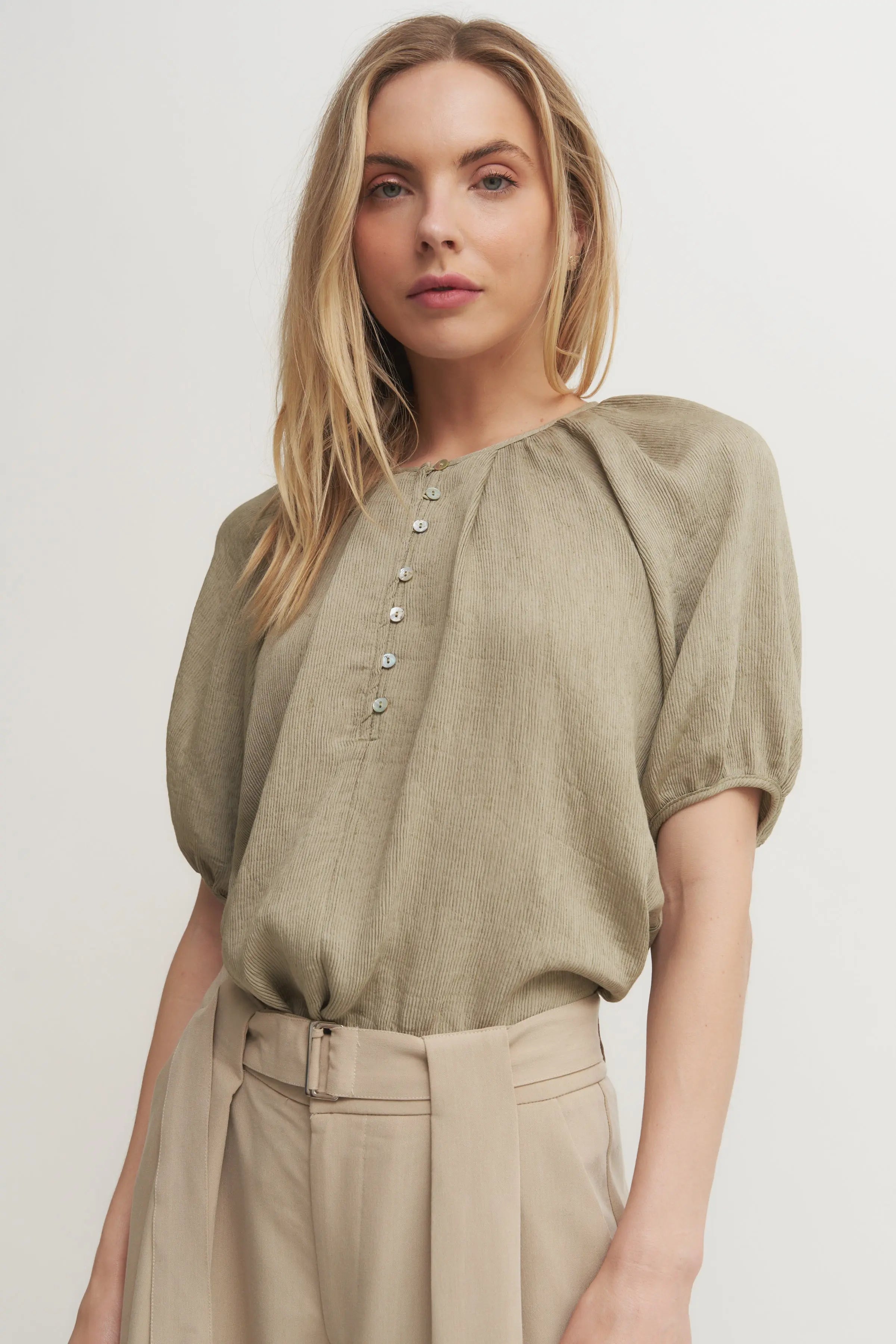 The Louise Top - Soft Olive Puff Raglan Sleeve Blouse with Button Fron