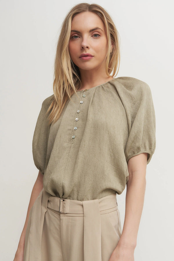 The Louise Top - Soft Olive Puff Raglan Sleeve Blouse with Button Front Detail Verdot