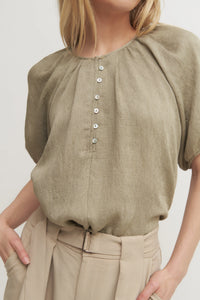 The Louise Top - Soft Olive Puff Raglan Sleeve Blouse with Button Front Detail Verdot