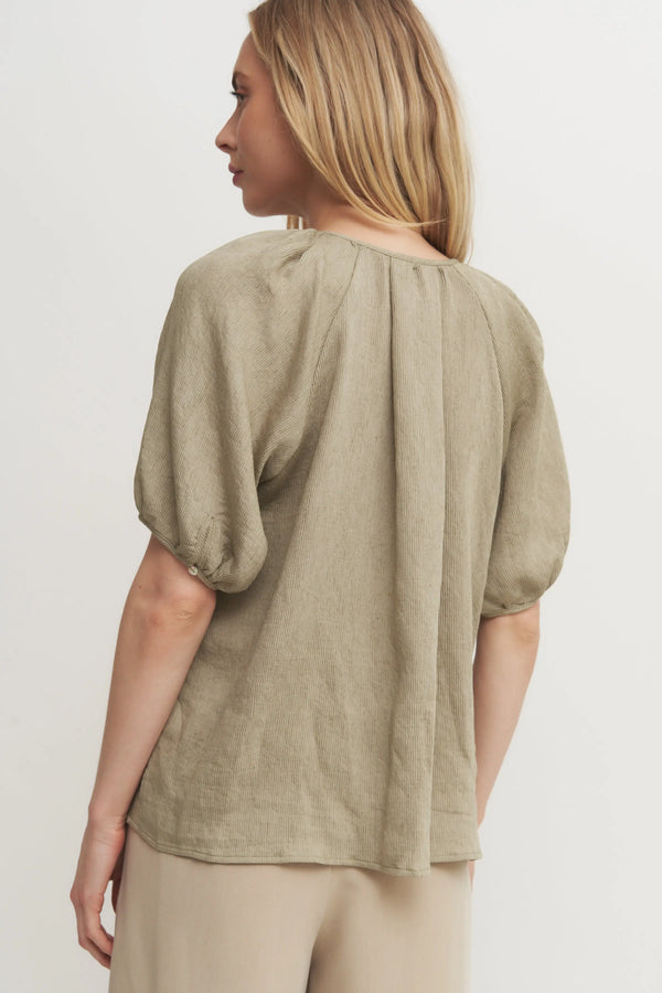 The Louise Top - Soft Olive Puff Raglan Sleeve Blouse with Button Front Detail Verdot