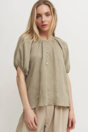 The Louise Top - Soft Olive Puff Raglan Sleeve Blouse with Button Front Detail Verdot