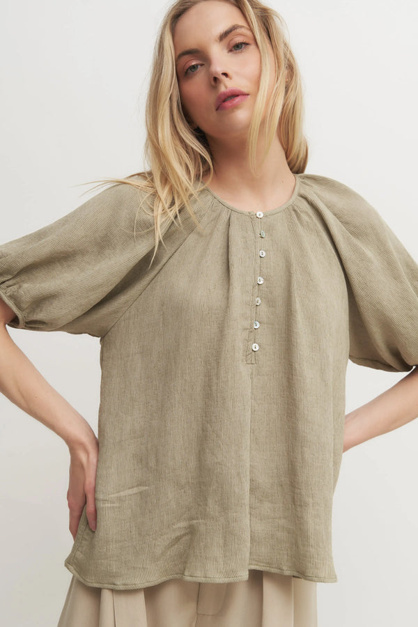 The Louise Top - Soft Olive Puff Raglan Sleeve Blouse with Button Front Detail Verdot