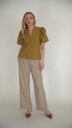 Textured Puff Sleeve V-Neck Blouse – Mustard or Brown