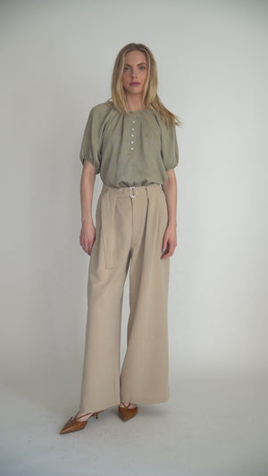 The Louise Top - Soft Olive Puff Raglan Sleeve Blouse with Button Front Detail
