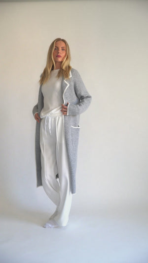 Women's Super Soft Long Grey Cardigan Coat with White Trim – Luxe Lounge Layer