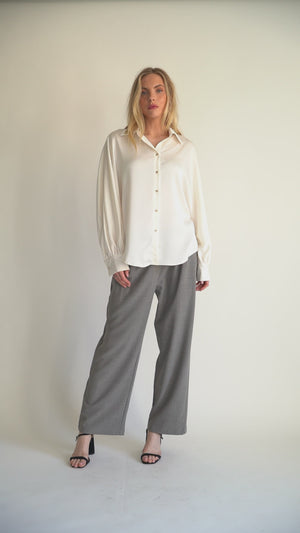 Women’s Silky Button-Down Blouse – Voluminous Sleeve Shirt for Elevated Set Styling