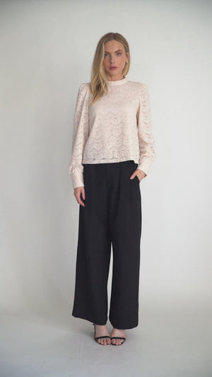 Women's Blush Long Sleeve Lace Blouse – High Neck Romantic Top with Button Cuffs