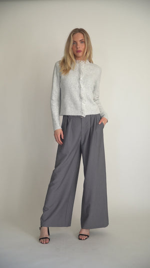 Women’s Soft Grey Knit Cardigan with Ruffle Trim – Feminine Button-Up Wool Blend Sweater