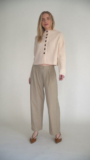 The Bynn Sweater - Women’s Textured Wool Blend Knit Button-Up Cardigan – Cream or Taupe Soft Ribbed Sweater